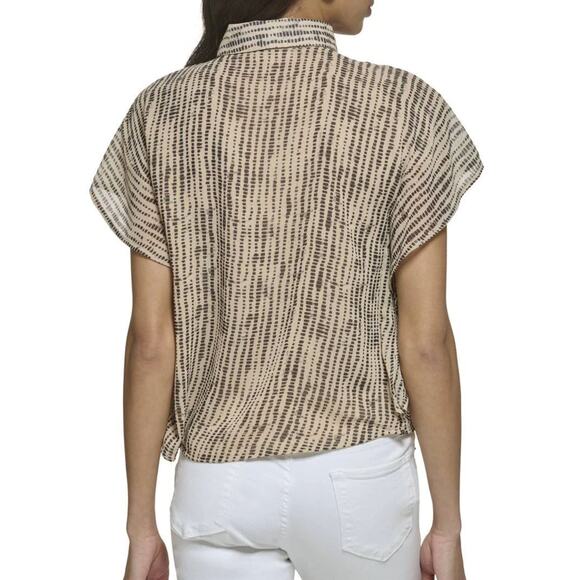 Calvin Klein Blouse Printed Chiffon Collared Button Up Beige Lightweight 3X NWT - Picture 2 of 12